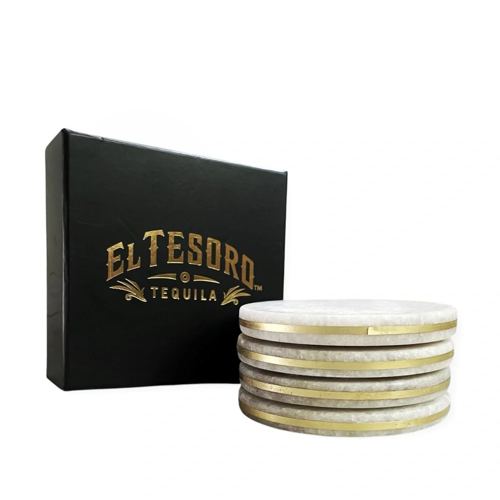 RARE NIB El Tesoro Promotional Marble and Brass Tequila Coasters, Set of 4